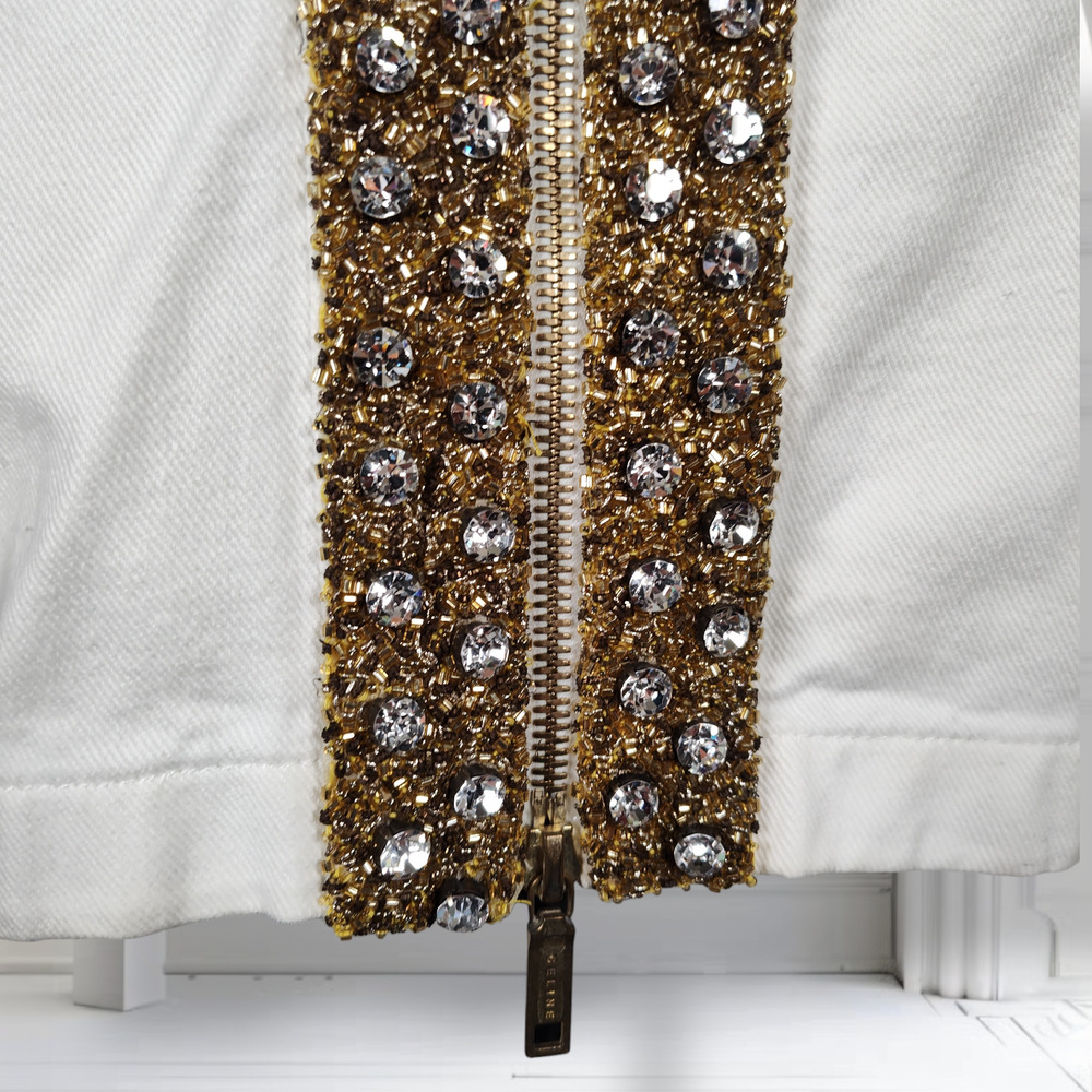 Celine 2004 Michael Kors Runway Crystal Beaded Zip White Denim Mini Skirt 40 - Picture 14 of 16